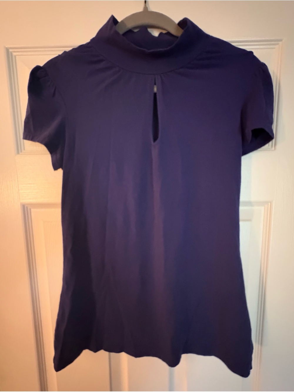 Express Purple Short-Sleeve Mock Neck Top with Keyhole